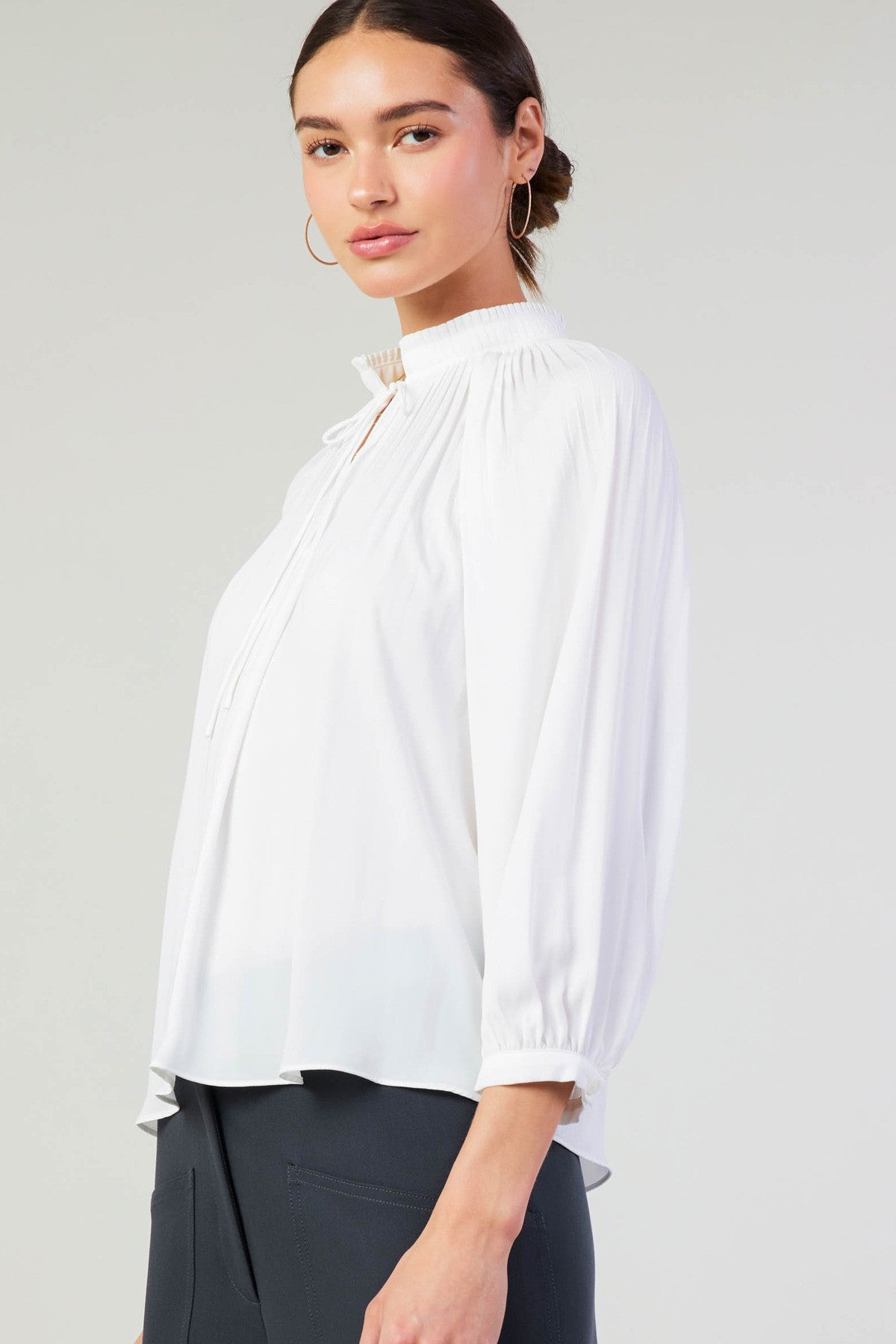 3/4 Sleeve Split Neck Top Off White