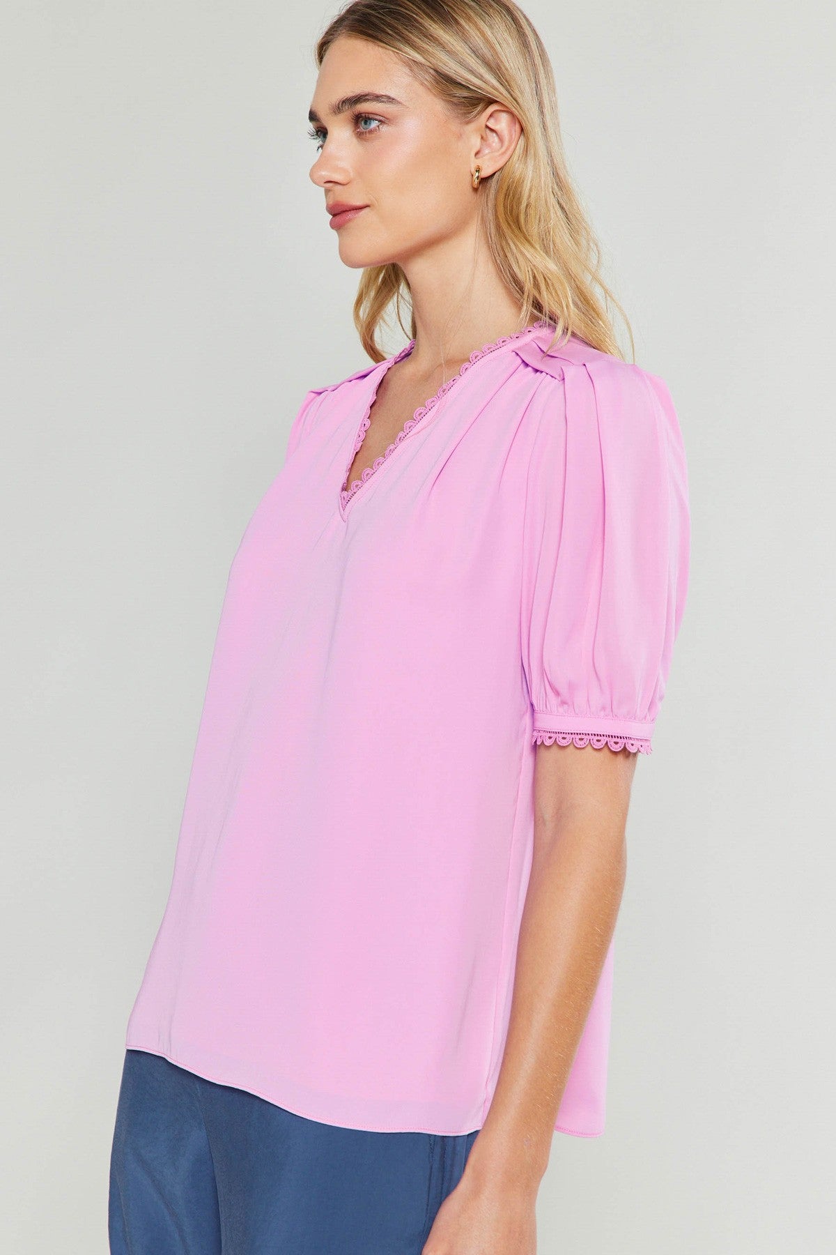 V-Neck Blouse with Lace Trim Orchid