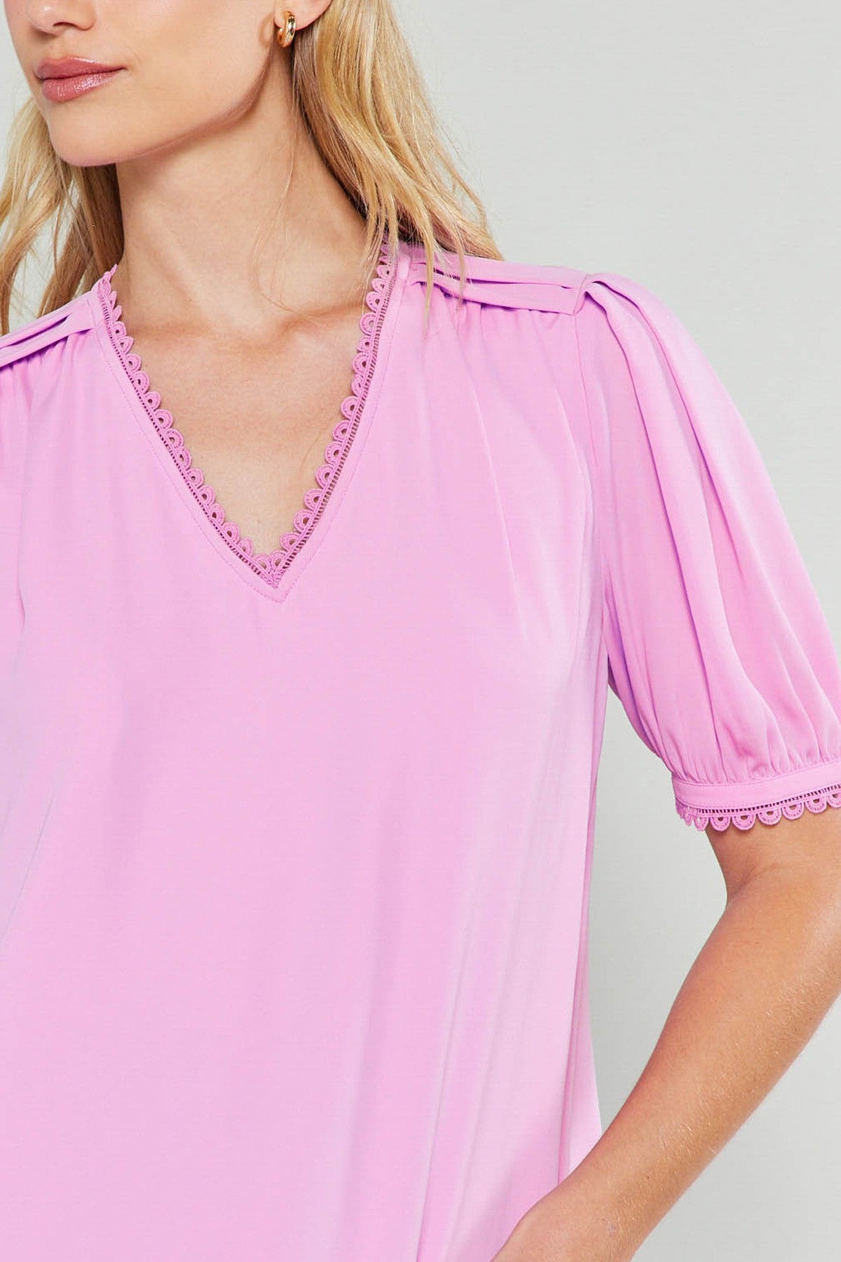 V-Neck Blouse with Lace Trim Orchid