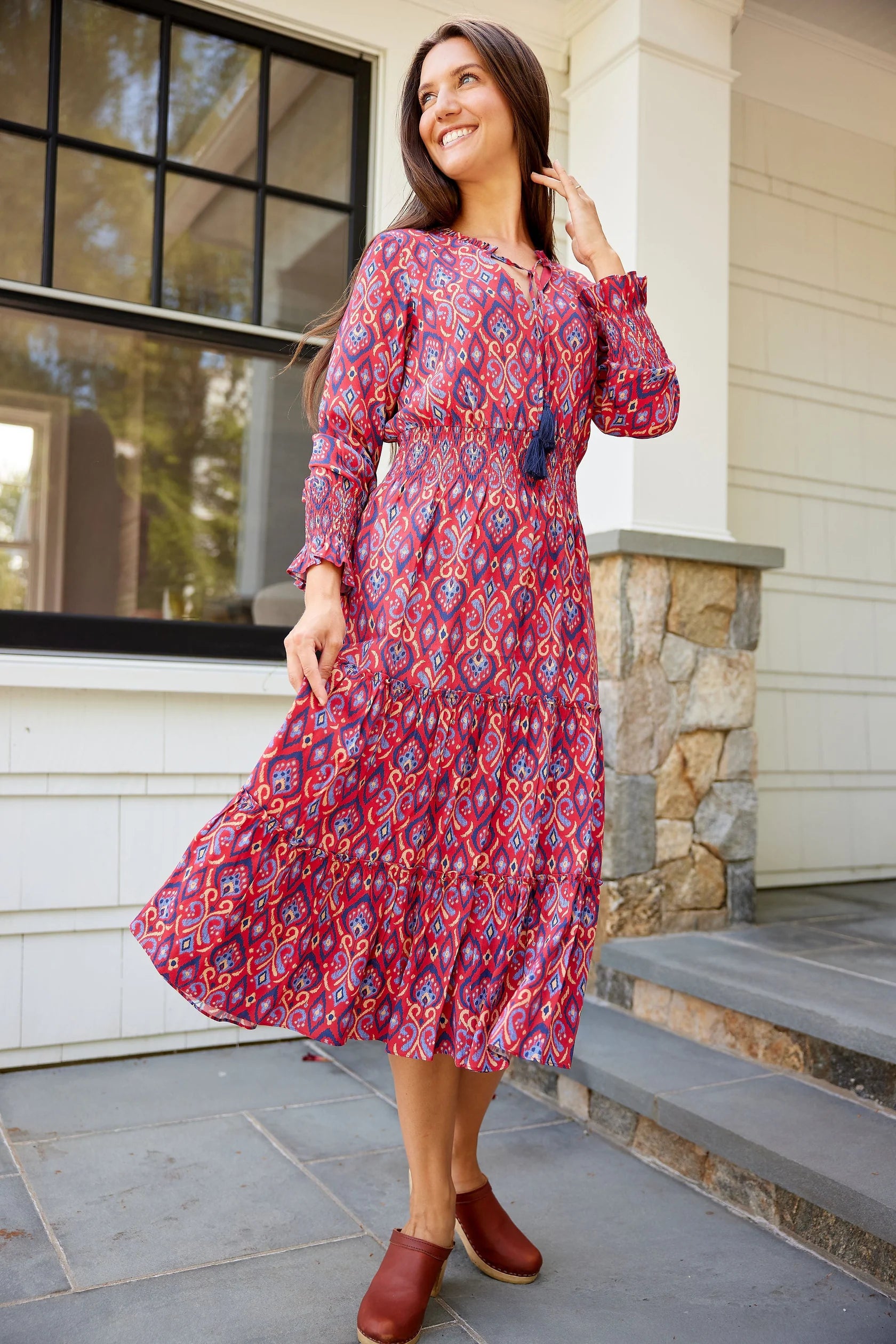 Smocked Waist Midi Dress Red Ikat Print