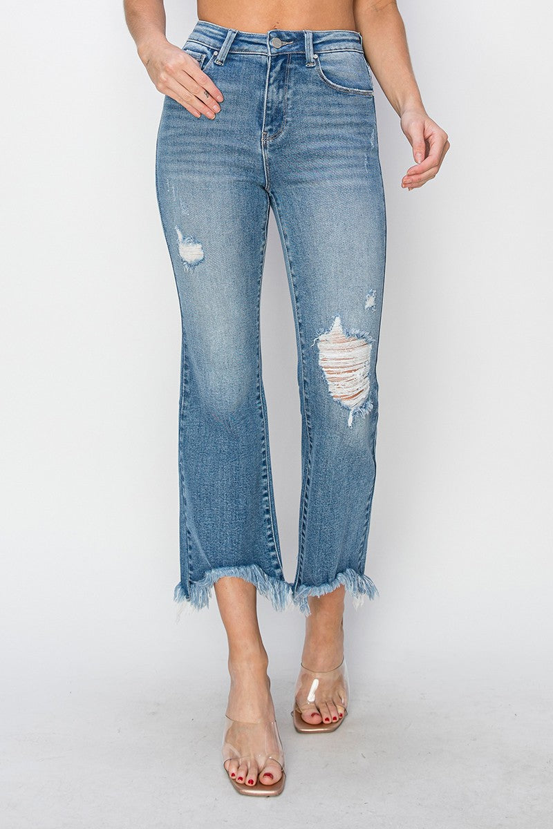 High Rise Crop Fray Flare Jeans Medium