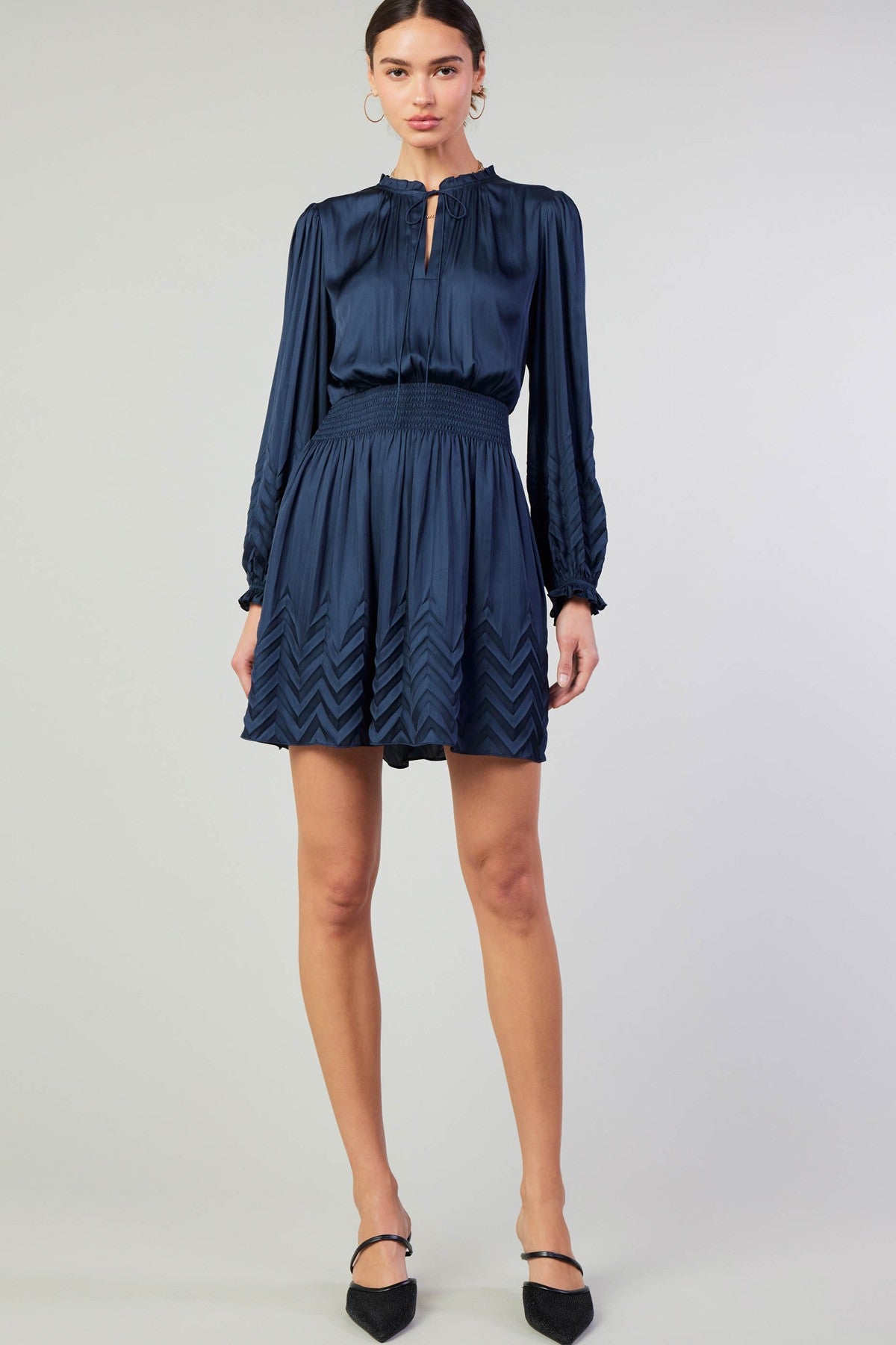 Chevron Pleated Dress Navy