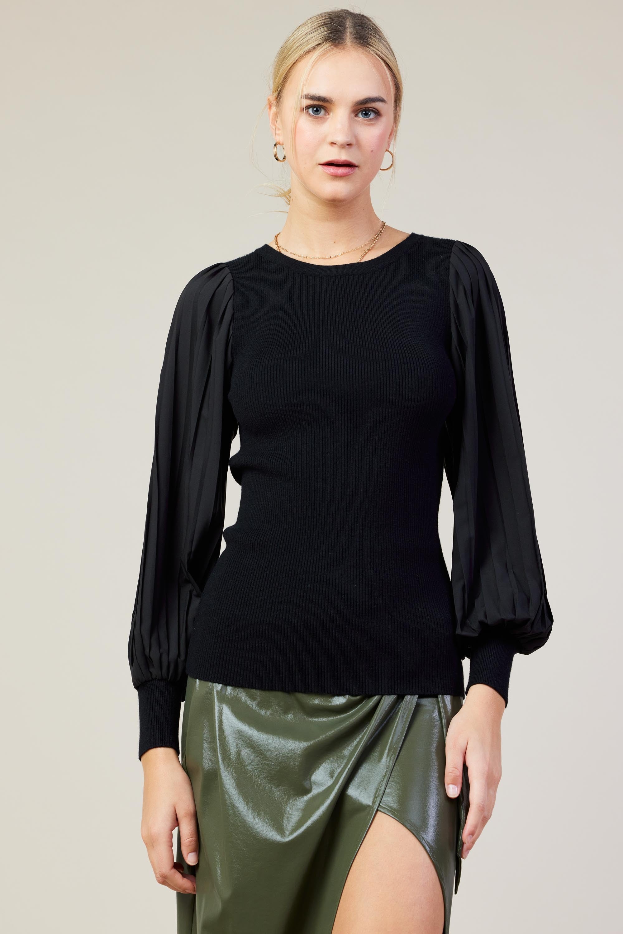 Mixed Media Pleated Blouse Black