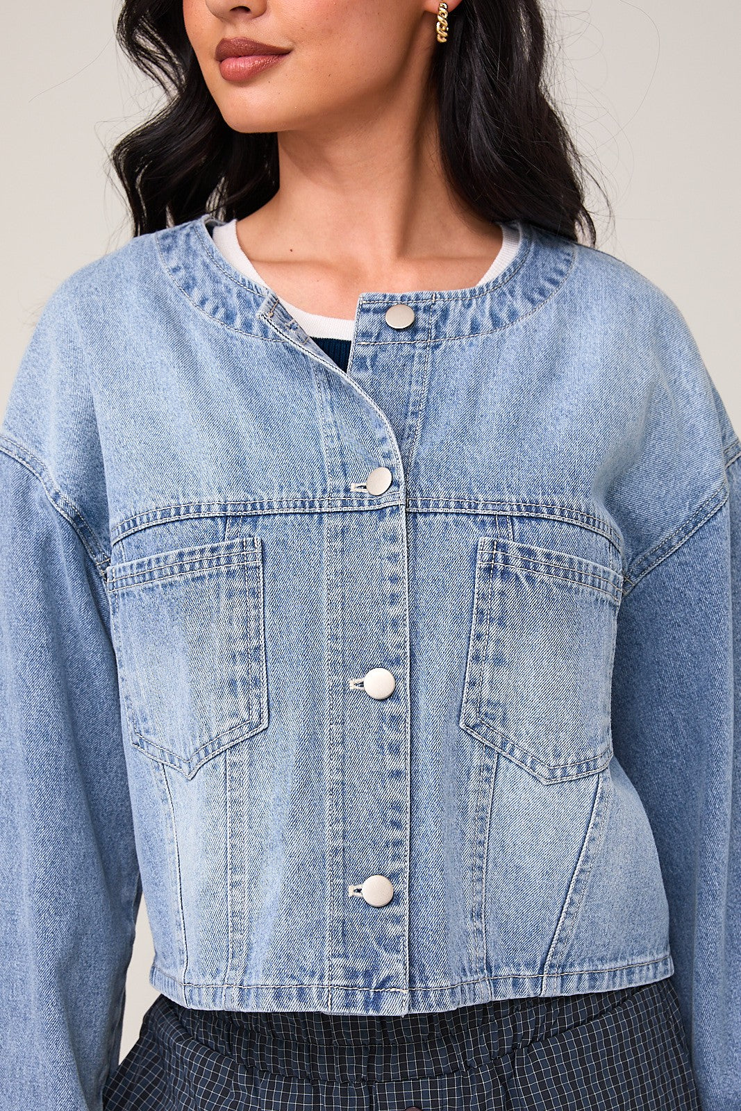 Collarless Denim Jacket