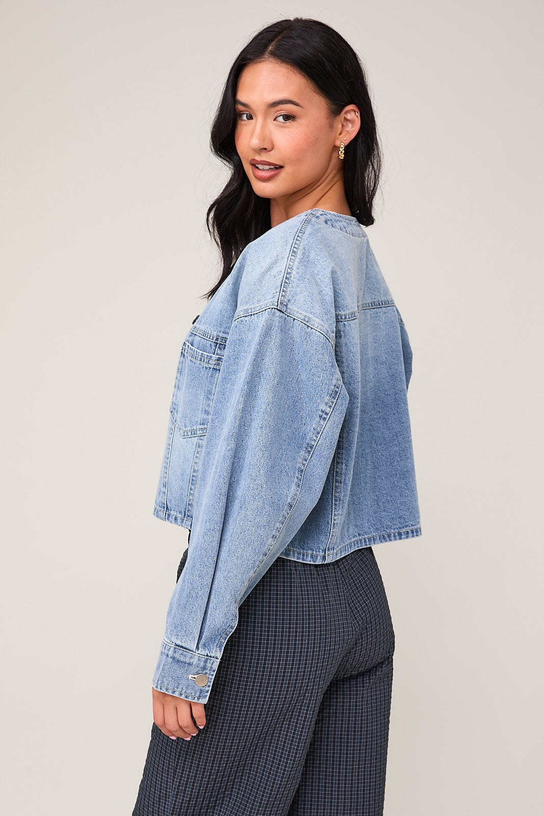 Collarless Denim Jacket