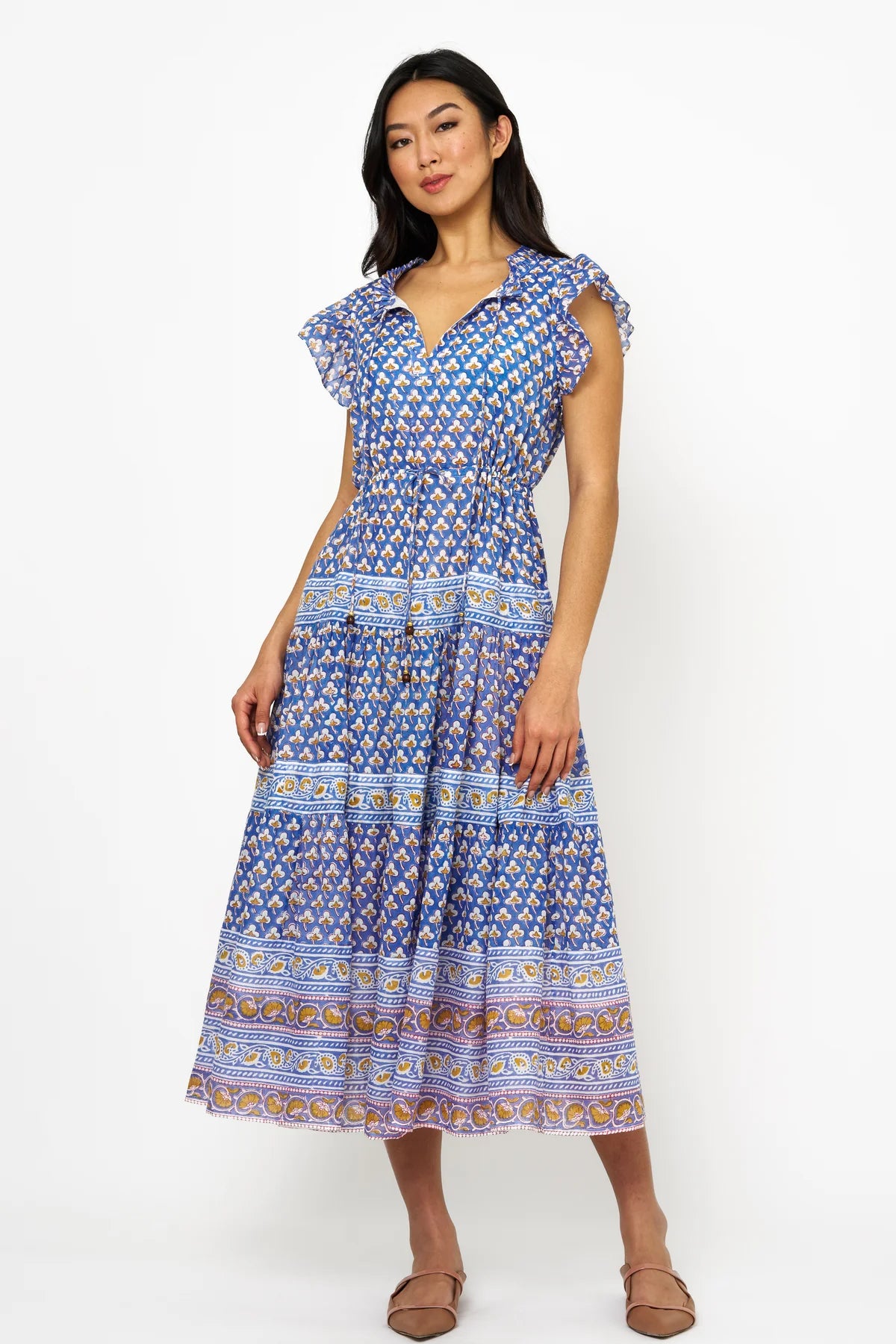 Cinched Flirty Midi Dress Clover Blue