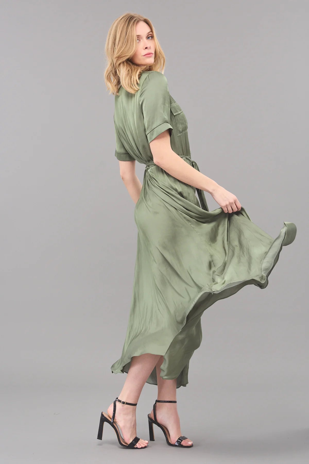 Vintage Satin Belted Dress Olive