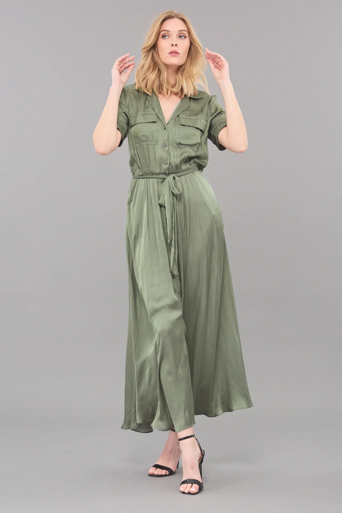 Vintage Satin Belted Dress Olive