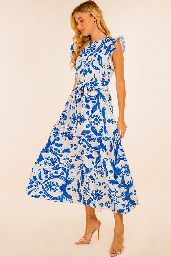 Floral Belted Ruffle Dress Blue