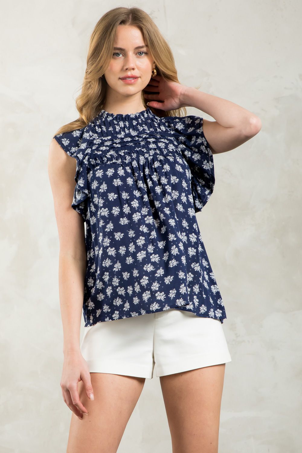 Flutter Sleeve Print Top Navy