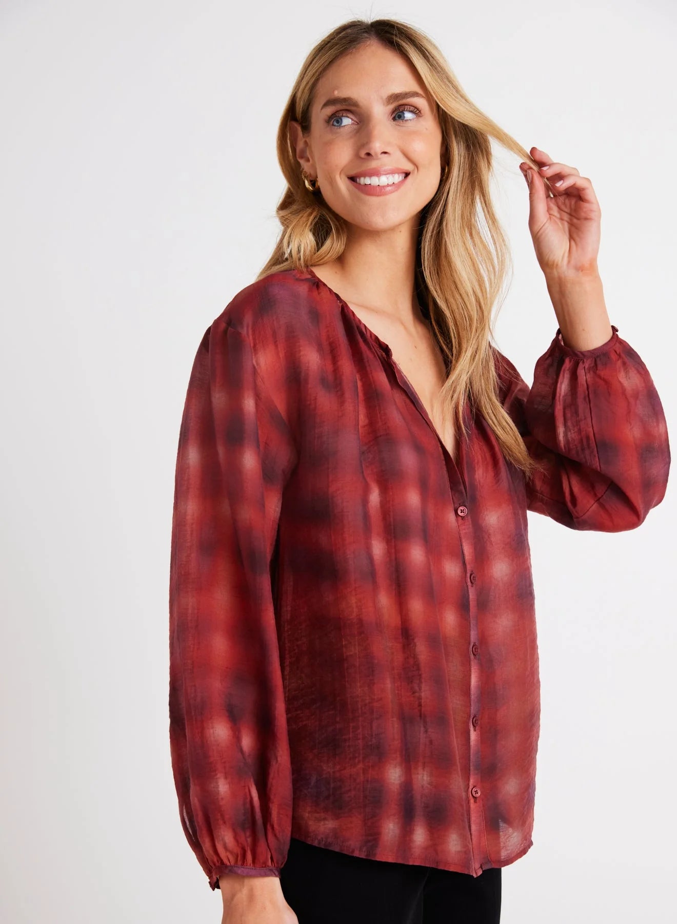 Shirred Neck Blouse Blurred Plaid Print