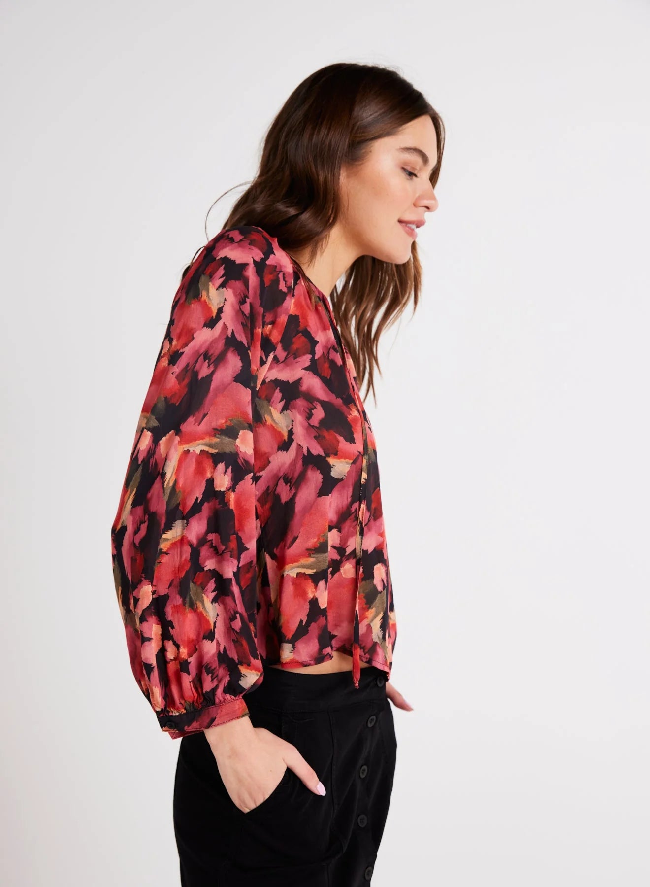 Raglan Tie Front Blouse Autumn Bloom Print