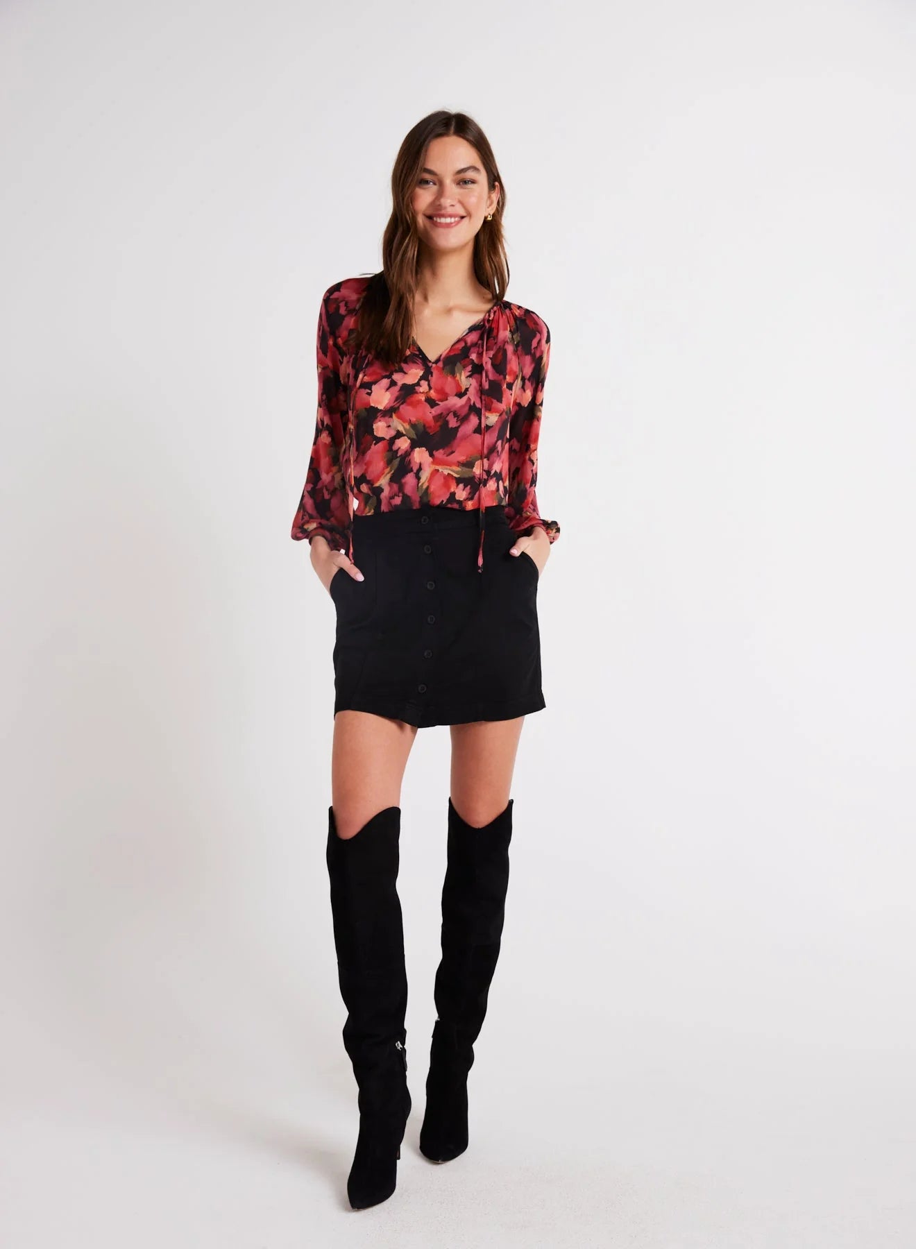 Raglan Tie Front Blouse Autumn Bloom Print