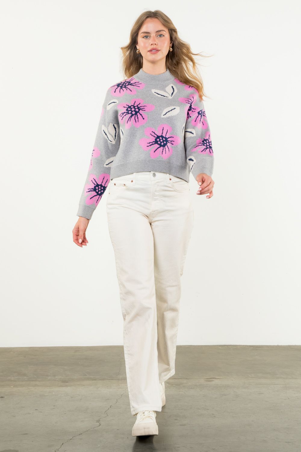 Twiggy Floral Knit Sweater Gray